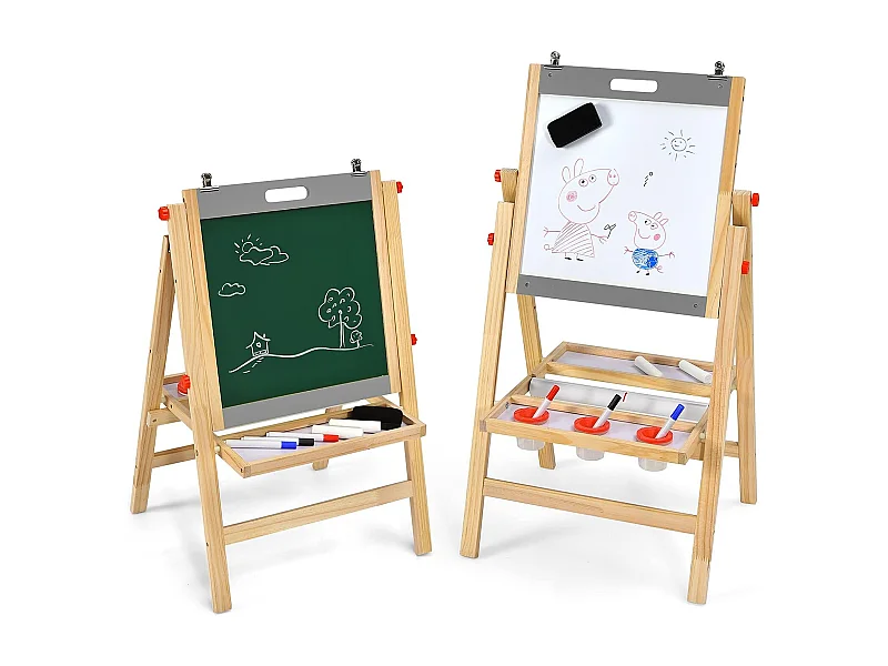 Chevalet d’Art 3-en-1 pour Enfants de 3+Ans avec Hauteur Réglable sur 5 Positions, Plateau de Rangement et Tableau à 2 Faces