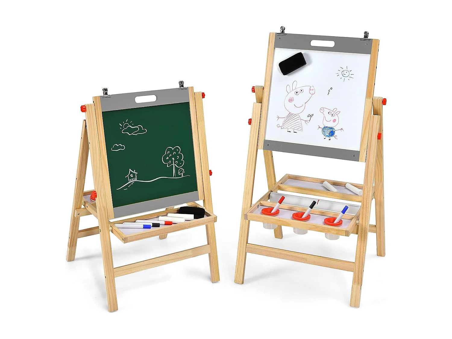 Chevalet d’Art 3-en-1 pour Enfants de 3+Ans avec Hauteur Réglable sur 5 Positions, Plateau de Rangement et Tableau à 2 Faces