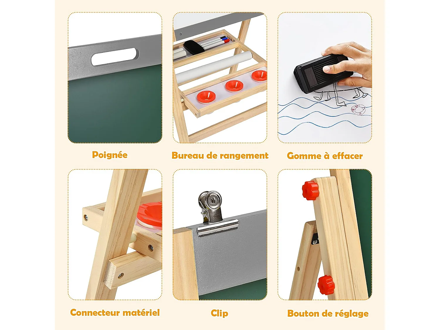 Chevalet d’Art 3-en-1 pour Enfants de 3+Ans avec Hauteur Réglable sur 5 Positions, Plateau de Rangement et Tableau à 2 Faces
