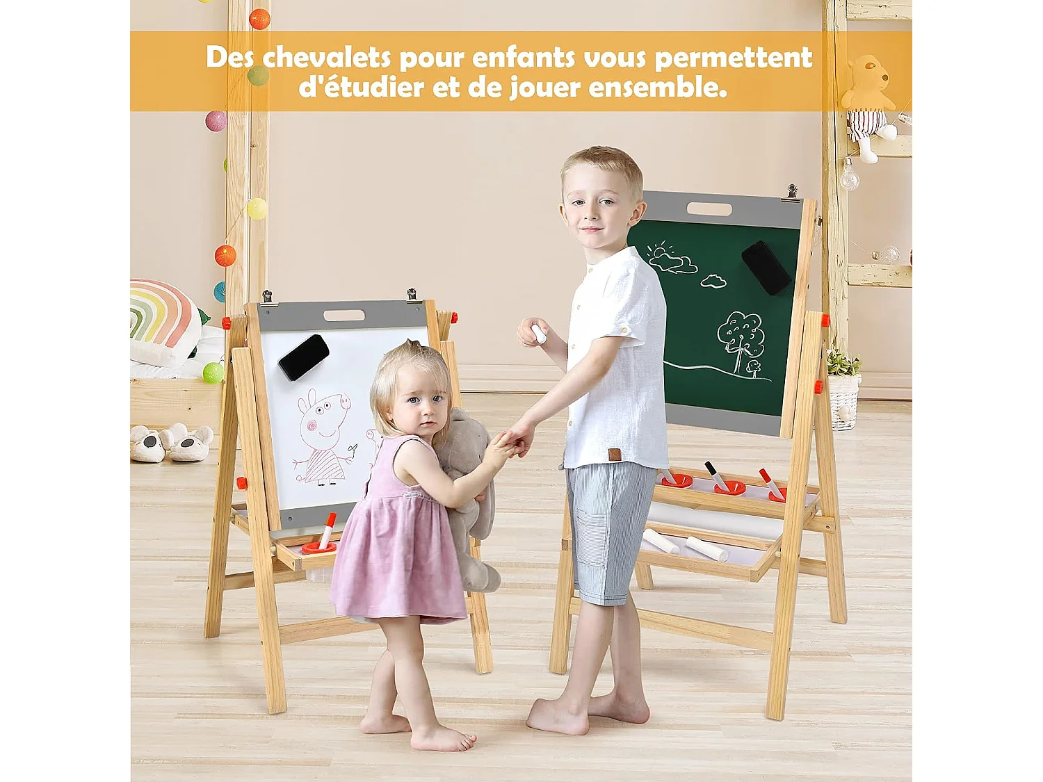 Chevalet d’Art 3-en-1 pour Enfants de 3+Ans avec Hauteur Réglable sur 5 Positions, Plateau de Rangement et Tableau à 2 Faces