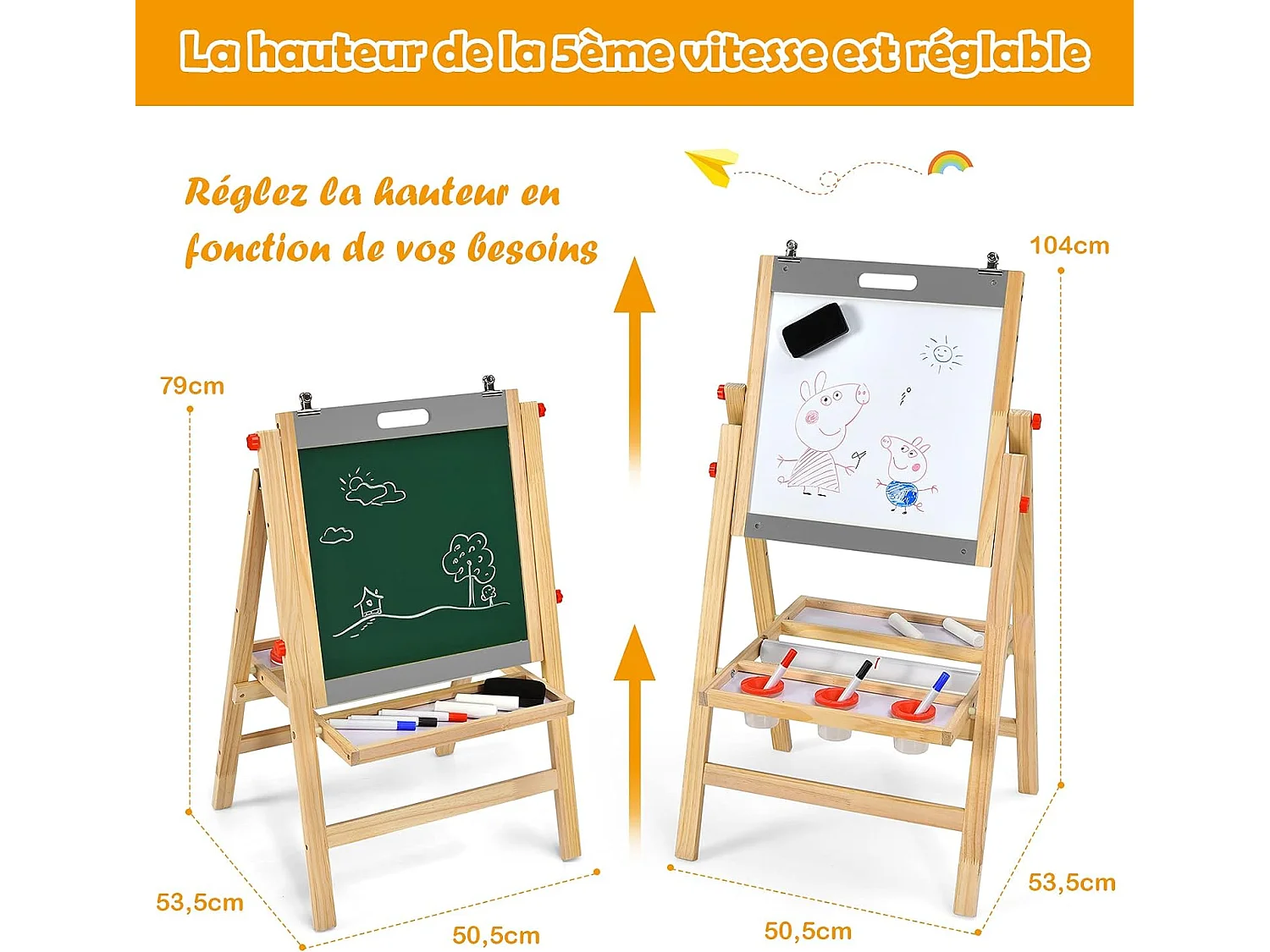 Chevalet d’Art 3-en-1 pour Enfants de 3+Ans avec Hauteur Réglable sur 5 Positions, Plateau de Rangement et Tableau à 2 Faces