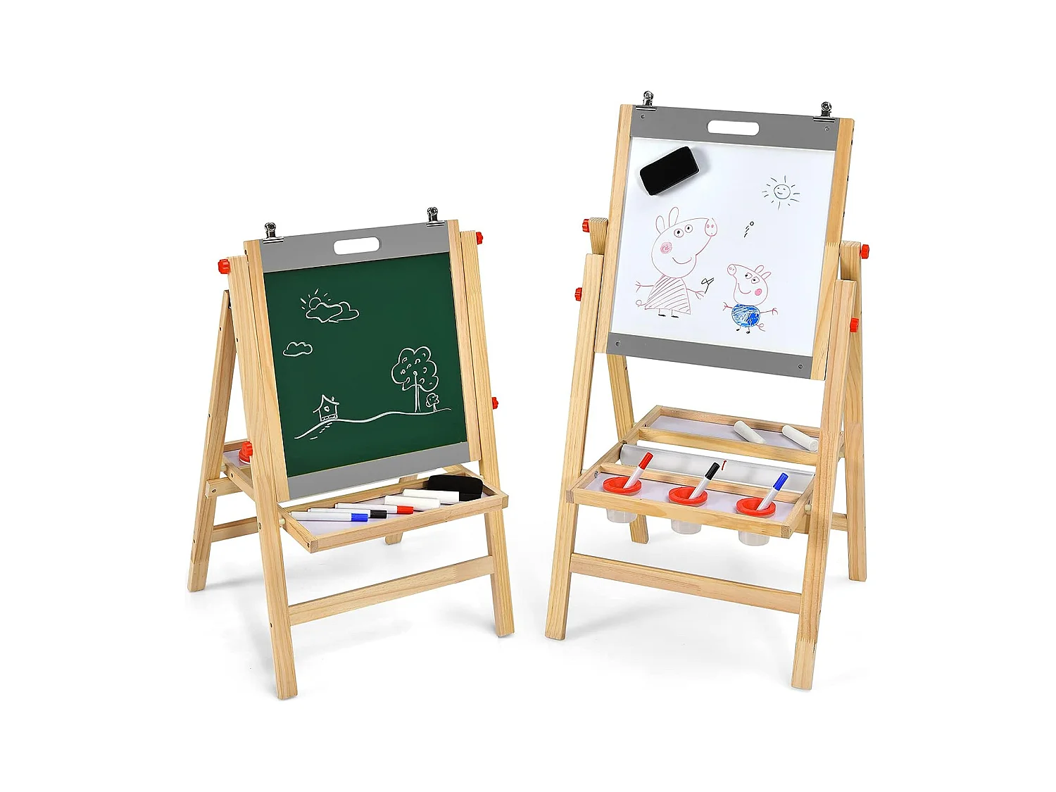 Chevalet d’Art 3-en-1 pour Enfants de 3+Ans avec Hauteur Réglable sur 5 Positions, Plateau de Rangement et Tableau à 2 Faces