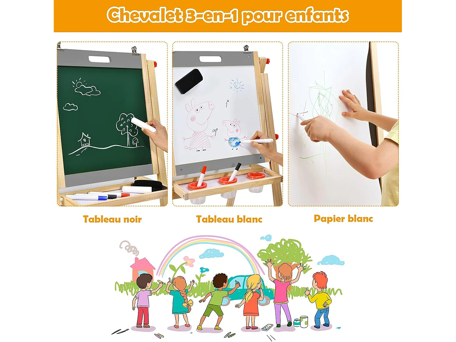 Chevalet d’Art 3-en-1 pour Enfants de 3+Ans avec Hauteur Réglable sur 5 Positions, Plateau de Rangement et Tableau à 2 Faces