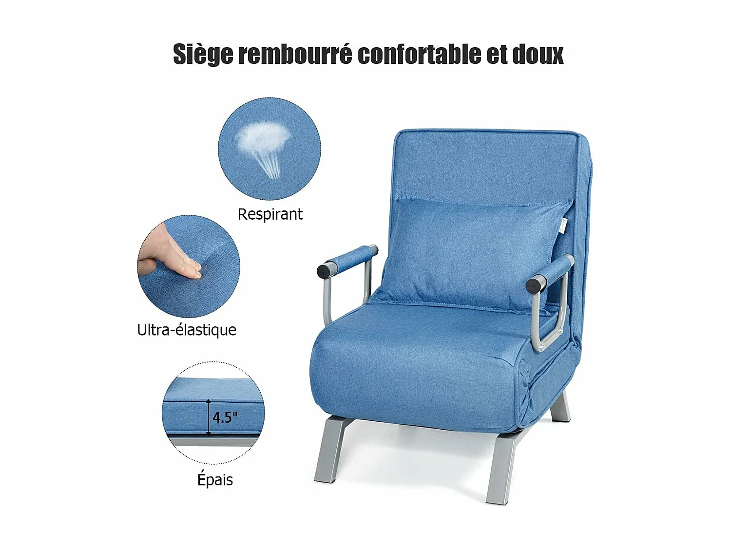 Fauteuil Convertible Canapé Lit Scandinave Déhoussable Rembourée d'Eponge aevc Oreiller Surface en Tissu et velours Doux 186 x 60 x 25CM