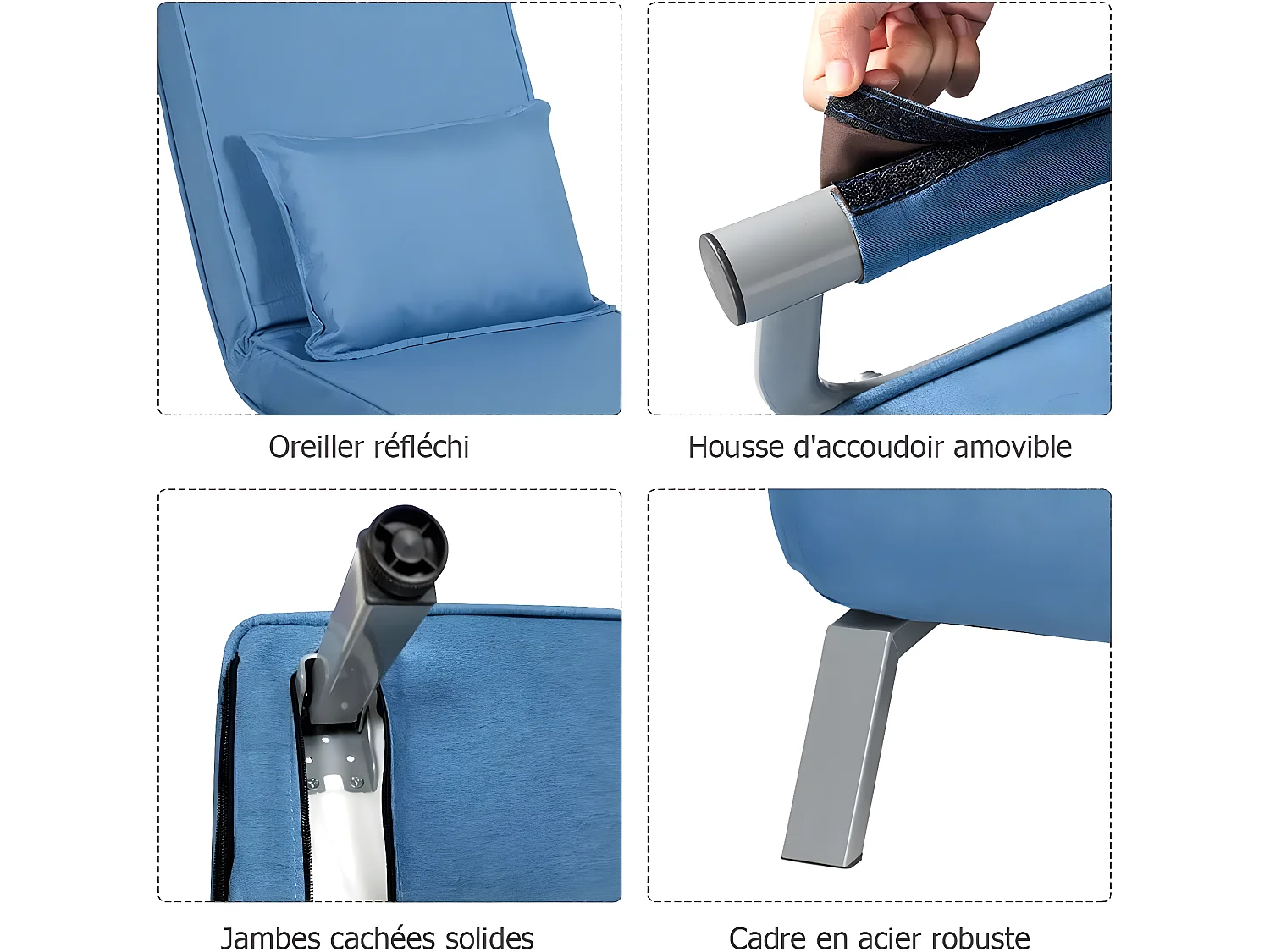 Fauteuil Convertible Canapé Lit Scandinave Déhoussable Rembourée d'Eponge aevc Oreiller Surface en Tissu et velours Doux 186 x 60 x 25CM