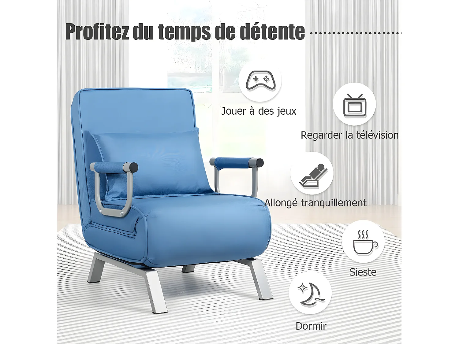 Fauteuil Convertible Canapé Lit Scandinave Déhoussable Rembourée d'Eponge aevc Oreiller Surface en Tissu et velours Doux 186 x 60 x 25CM