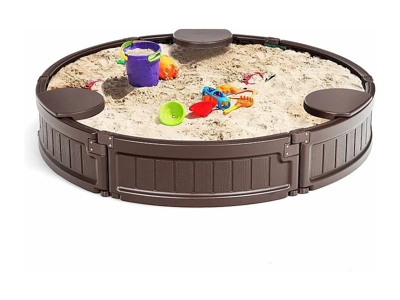 Bac à Sable Enfant Rond 120x120x21 cm en Plastique avec Couvercle Etanche Bâche Intégrée Sièges Doublure Inférieure Marron