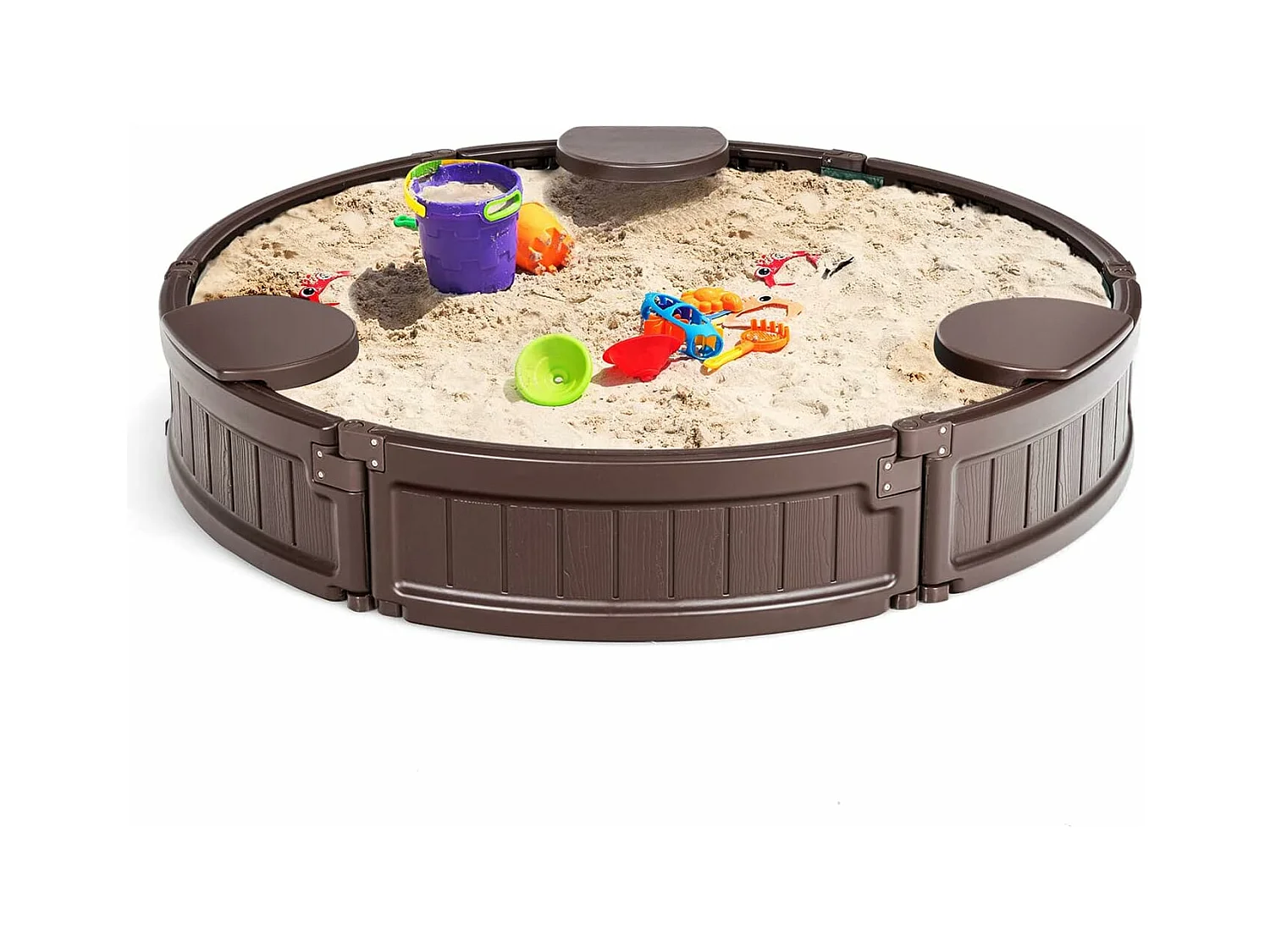 Bac à Sable Enfant Rond 120x120x21 cm en Plastique avec Couvercle Etanche Bâche Intégrée Sièges Doublure Inférieure Marron