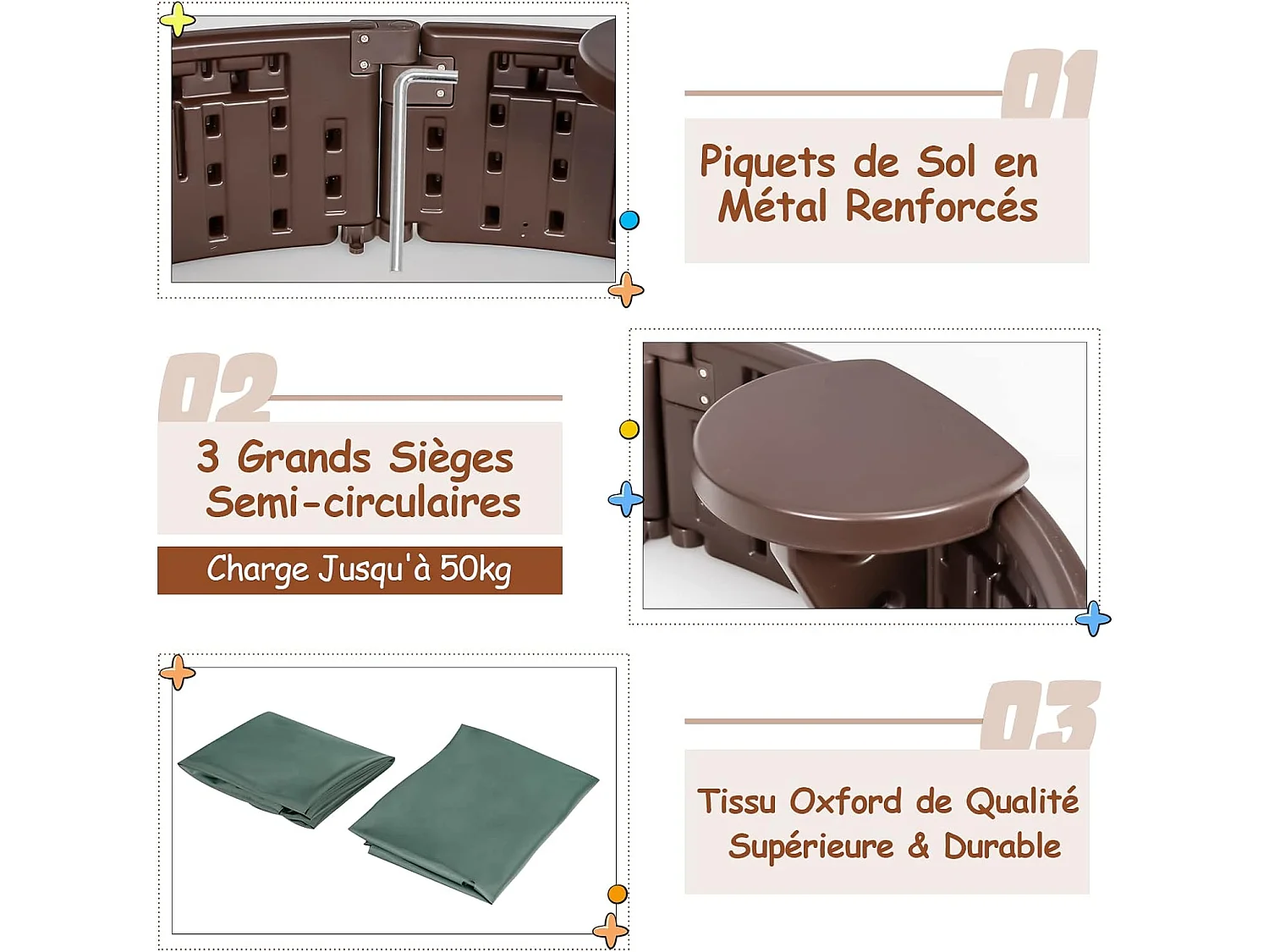 Bac à Sable Enfant Rond 120x120x21 cm en Plastique avec Couvercle Etanche Bâche Intégrée Sièges Doublure Inférieure Marron