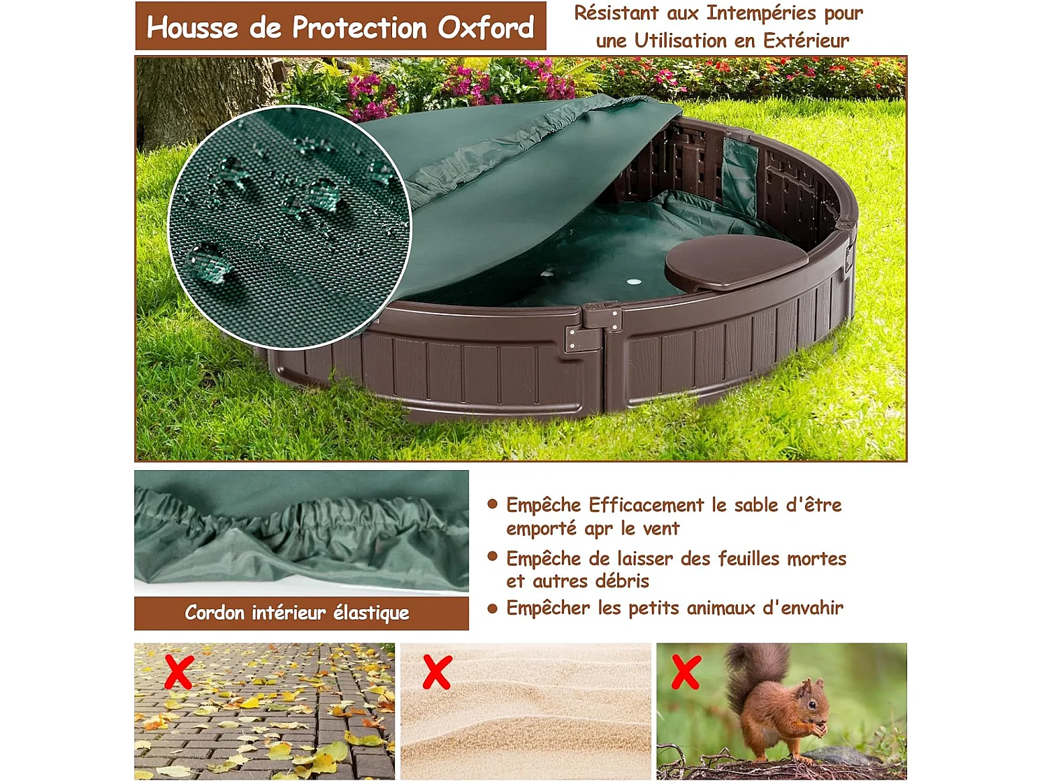 Bac à Sable Enfant Rond 120x120x21 cm en Plastique avec Couvercle Etanche Bâche Intégrée Sièges Doublure Inférieure Marron