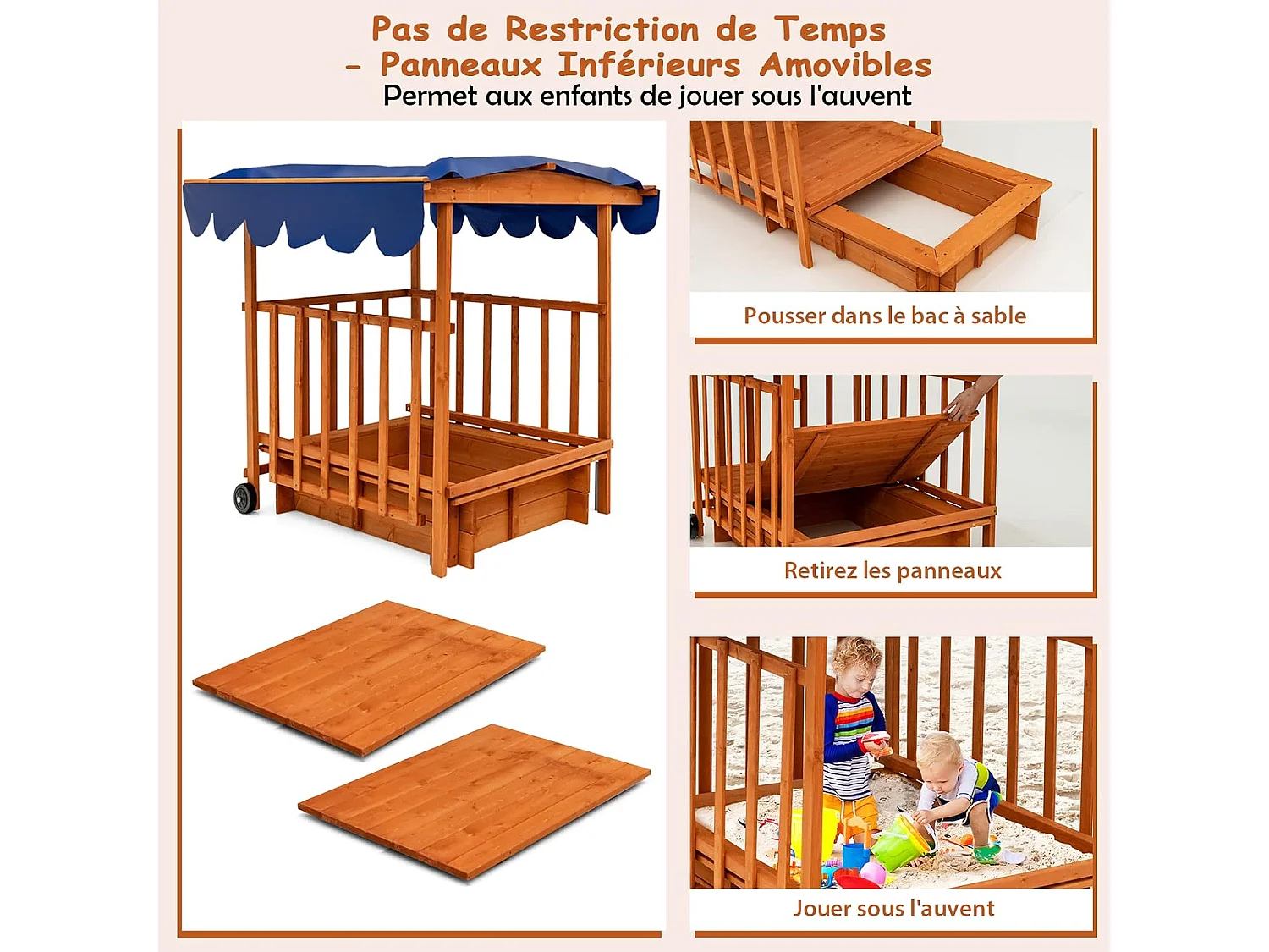 Bac à Sable en Bois pour Enfants 95 x 71 x 20cm, avec Auvent Imperméable, Véranda de Jeu 110 x 110 x 120cm, Roues Arrière, Garde-Corps de Sécurité pour Cour, Plage