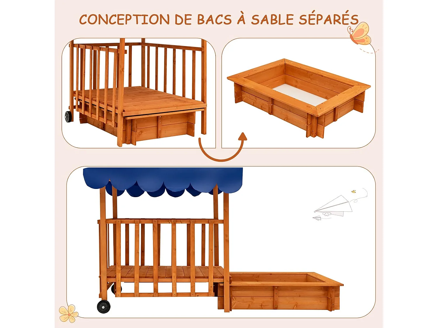 Bac à Sable en Bois pour Enfants 95 x 71 x 20cm, avec Auvent Imperméable, Véranda de Jeu 110 x 110 x 120cm, Roues Arrière, Garde-Corps de Sécurité pour Cour, Plage