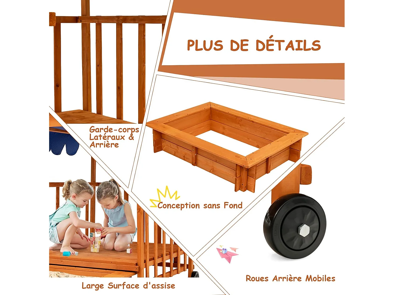 Bac à Sable en Bois pour Enfants 95 x 71 x 20cm, avec Auvent Imperméable, Véranda de Jeu 110 x 110 x 120cm, Roues Arrière, Garde-Corps de Sécurité pour Cour, Plage