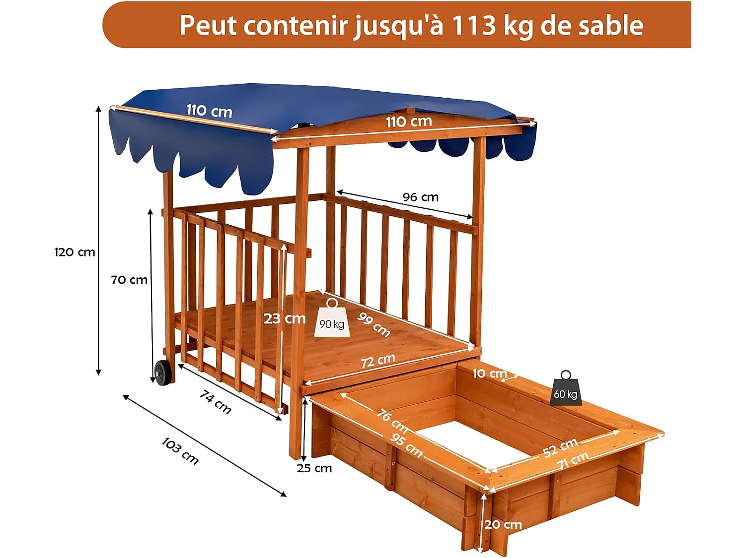 Bac à Sable en Bois pour Enfants 95 x 71 x 20cm, avec Auvent Imperméable, Véranda de Jeu 110 x 110 x 120cm, Roues Arrière, Garde-Corps de Sécurité pour Cour, Plage