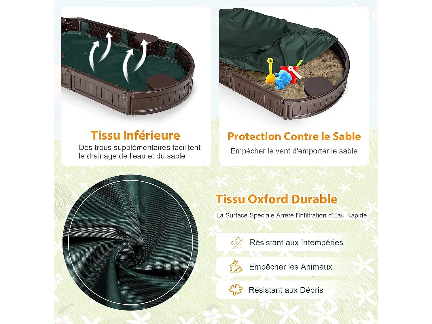 Bac à Sable Enfant Ovale 183x105x21 cm en Plastique avec Housse de Protection Etanche Bâche Intégrée Sièges Doublure Marron