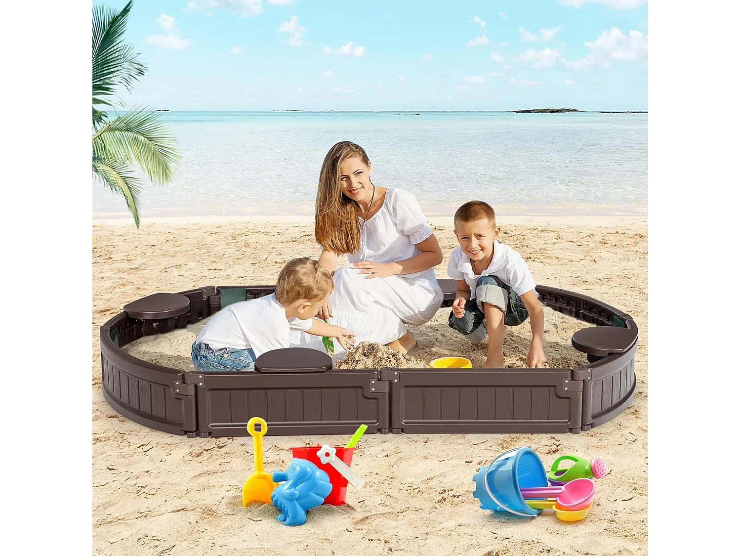 Bac à Sable Enfant Ovale 183x105x21 cm en Plastique avec Housse de Protection Etanche Bâche Intégrée Sièges Doublure Marron