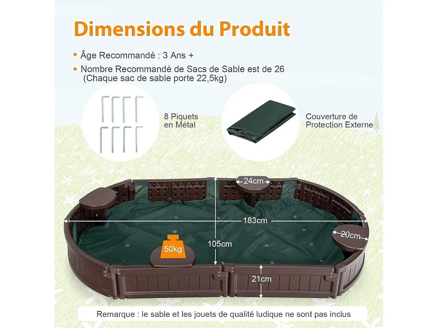 Bac à Sable Enfant Ovale 183x105x21 cm en Plastique avec Housse de Protection Etanche Bâche Intégrée Sièges Doublure Marron