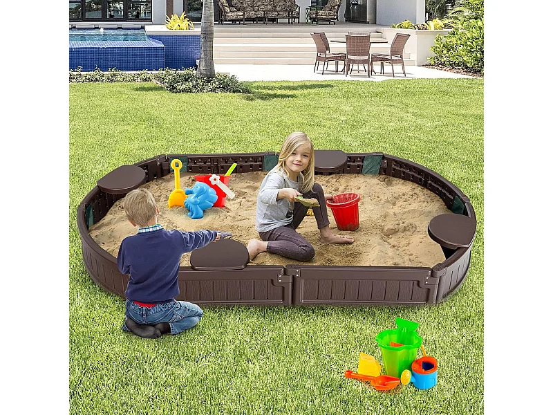 Bac à Sable Enfant Ovale 183x105x21 cm en Plastique avec Housse de Protection Etanche Bâche Intégrée Sièges Doublure Marron