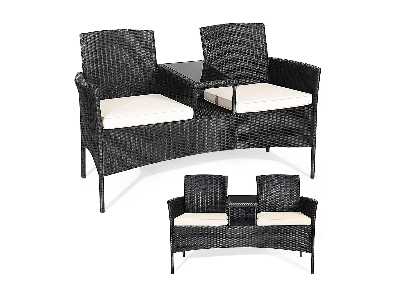 Banc de Jardin en Rotin 2 Personnes avec Table en Verre Trempé et Coussins, Salon de Jardin 2 Places pour Jardin, Balcon, Patio, 138 x 61 x 85 cm (Coussin Blanc)