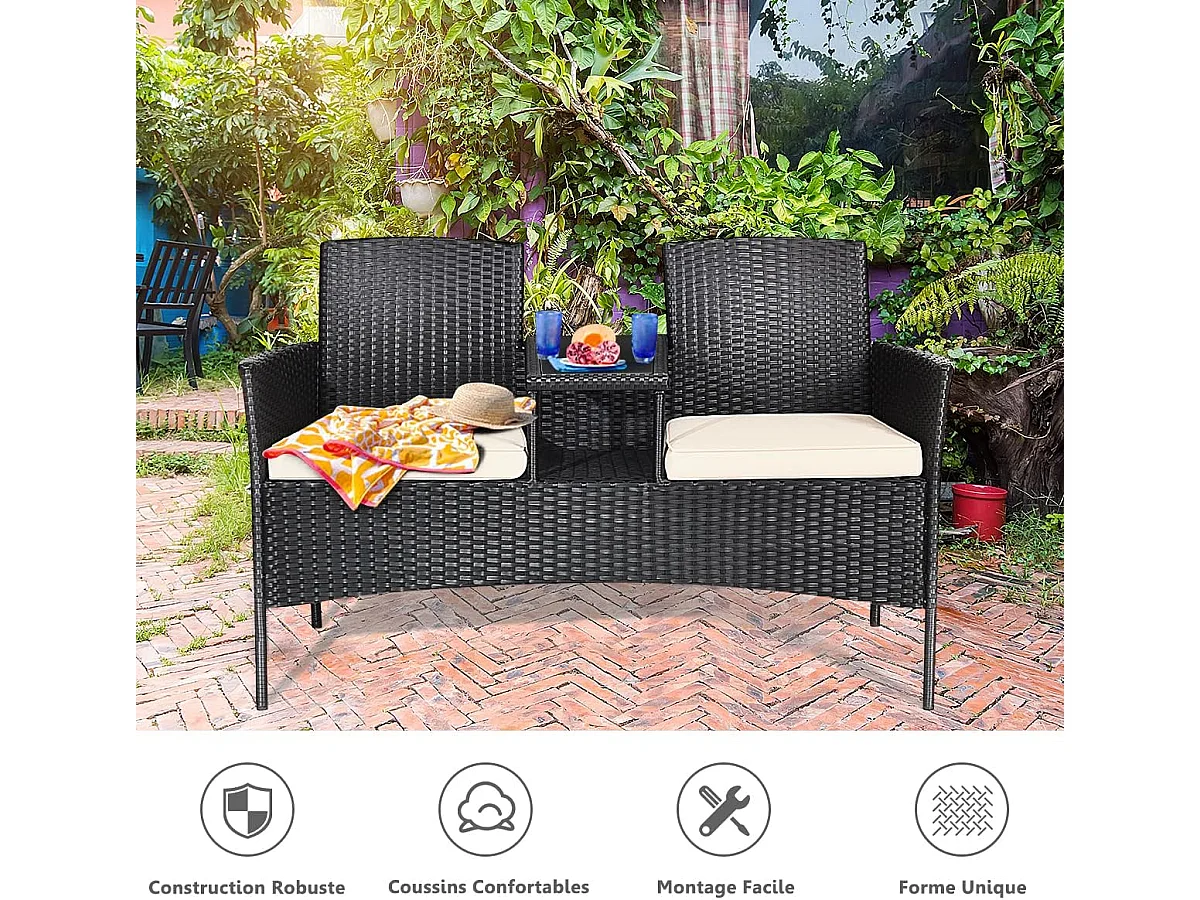 Banc de Jardin en Rotin 2 Personnes avec Table en Verre Trempé et Coussins, Salon de Jardin 2 Places pour Jardin, Balcon, Patio, 138 x 61 x 85 cm (Coussin Blanc)