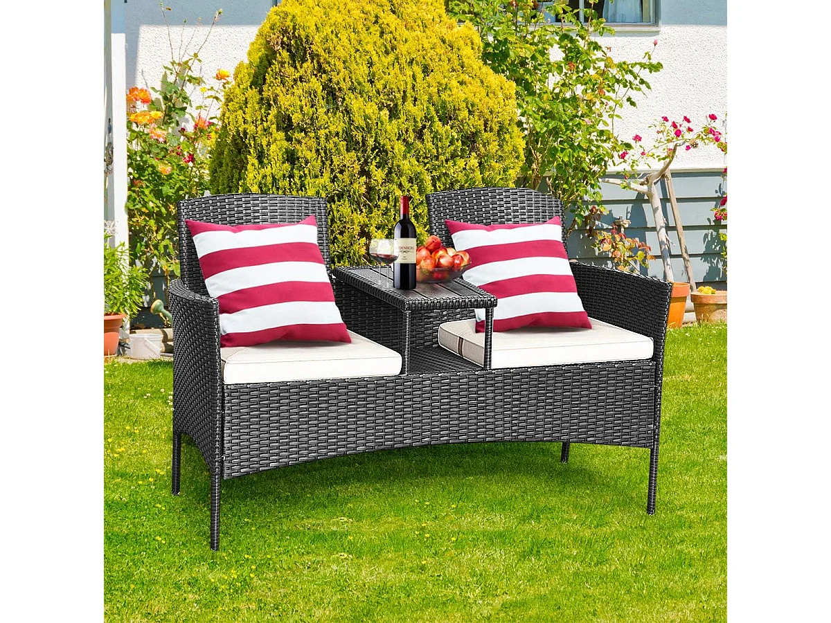 Banc de Jardin en Rotin 2 Personnes avec Table en Verre Trempé et Coussins, Salon de Jardin 2 Places pour Jardin, Balcon, Patio, 138 x 61 x 85 cm (Coussin Blanc)