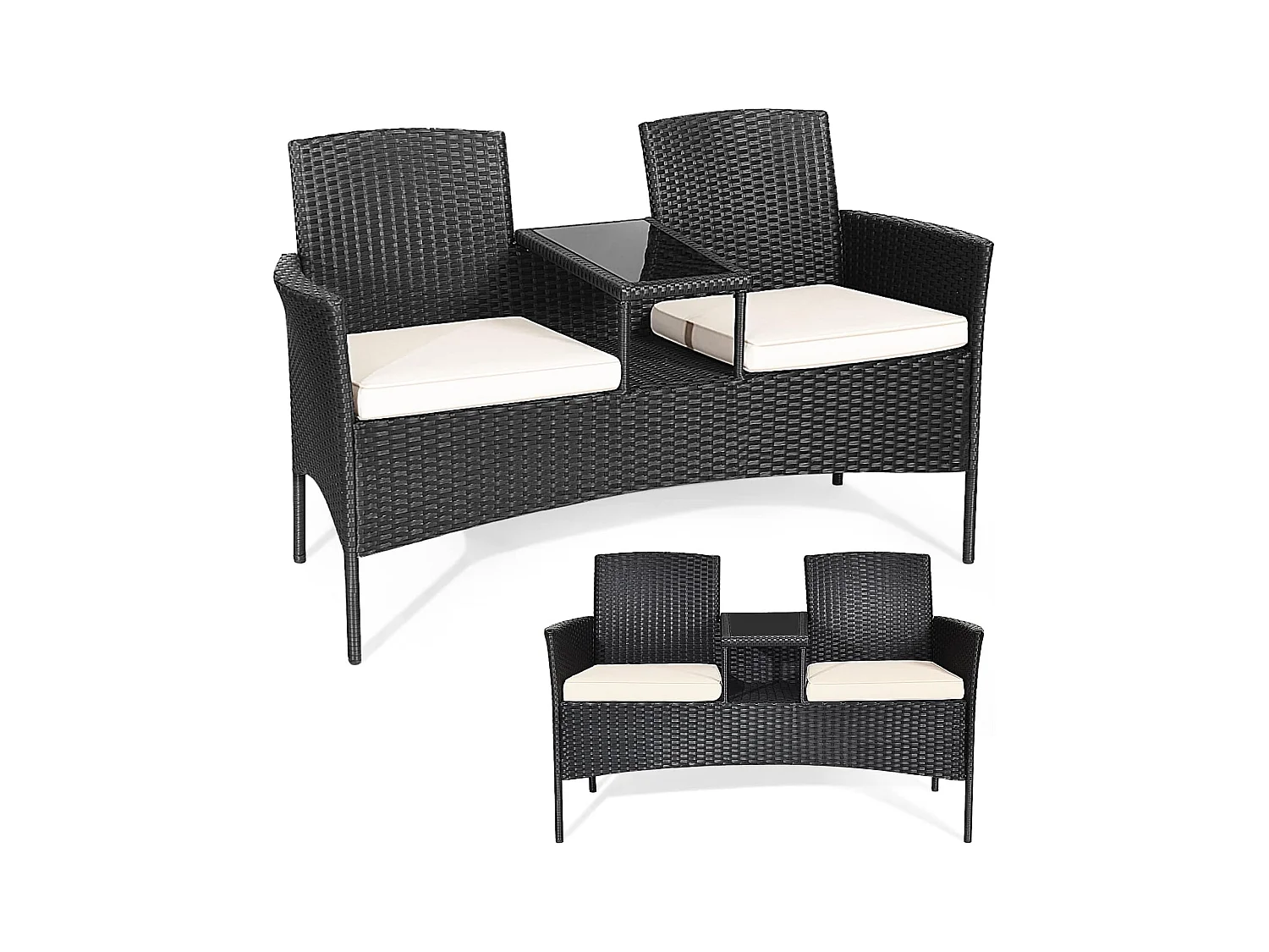 Banc de Jardin en Rotin 2 Personnes avec Table en Verre Trempé et Coussins, Salon de Jardin 2 Places pour Jardin, Balcon, Patio, 138 x 61 x 85 cm (Coussin Blanc)