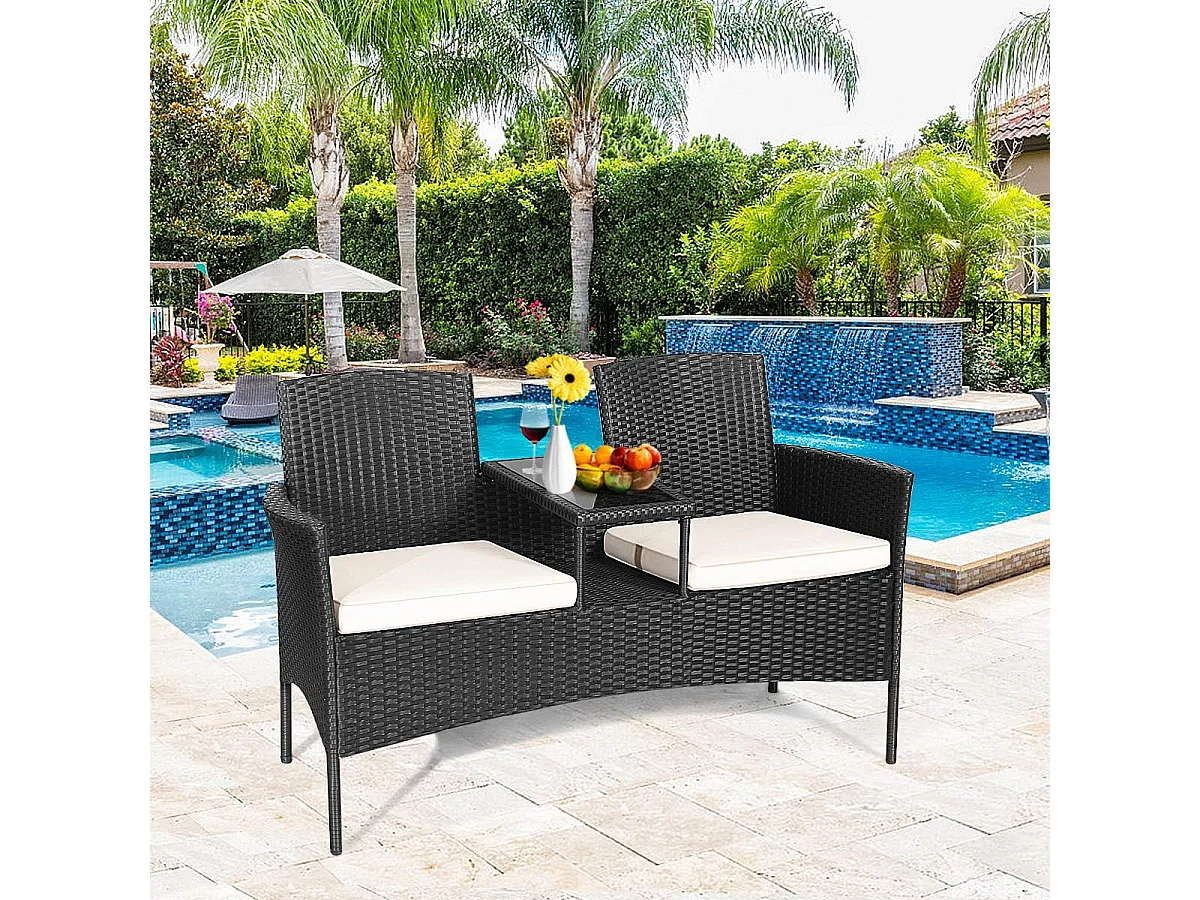 Banc de Jardin en Rotin 2 Personnes avec Table en Verre Trempé et Coussins, Salon de Jardin 2 Places pour Jardin, Balcon, Patio, 138 x 61 x 85 cm (Coussin Blanc)