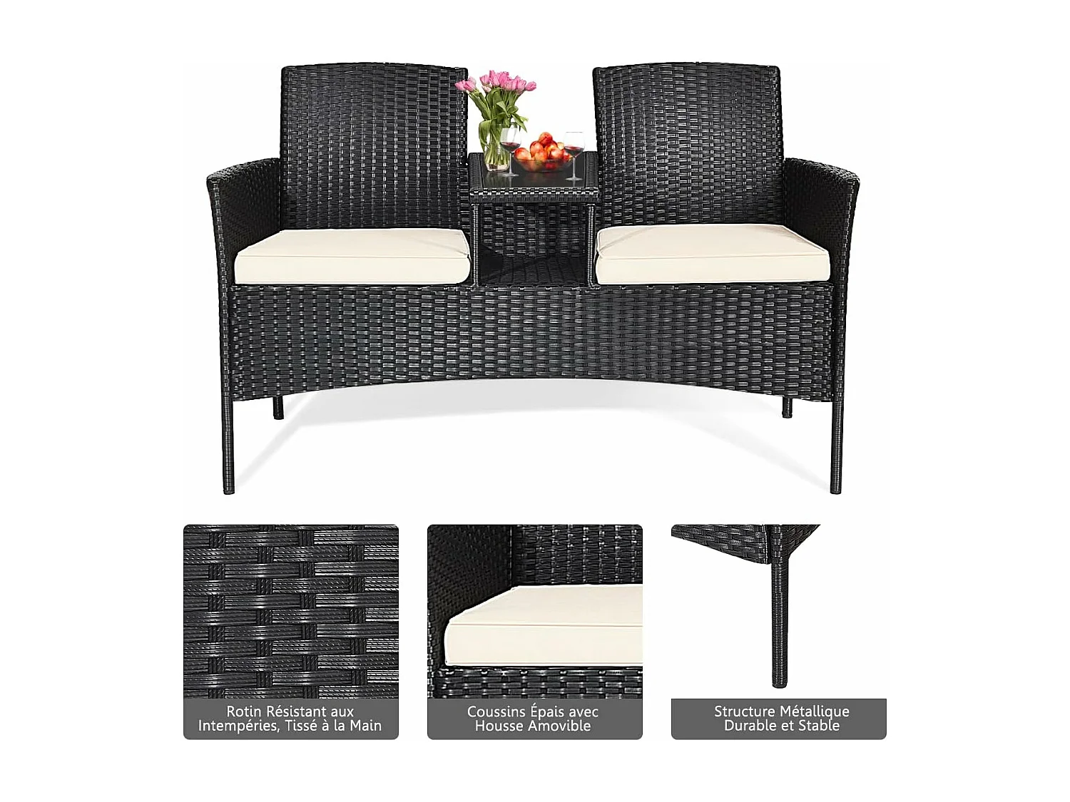 Banc de Jardin en Rotin 2 Personnes avec Table en Verre Trempé et Coussins, Salon de Jardin 2 Places pour Jardin, Balcon, Patio, 138 x 61 x 85 cm (Coussin Blanc)