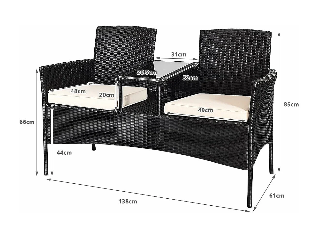 Banc de Jardin en Rotin 2 Personnes avec Table en Verre Trempé et Coussins, Salon de Jardin 2 Places pour Jardin, Balcon, Patio, 138 x 61 x 85 cm (Coussin Blanc)