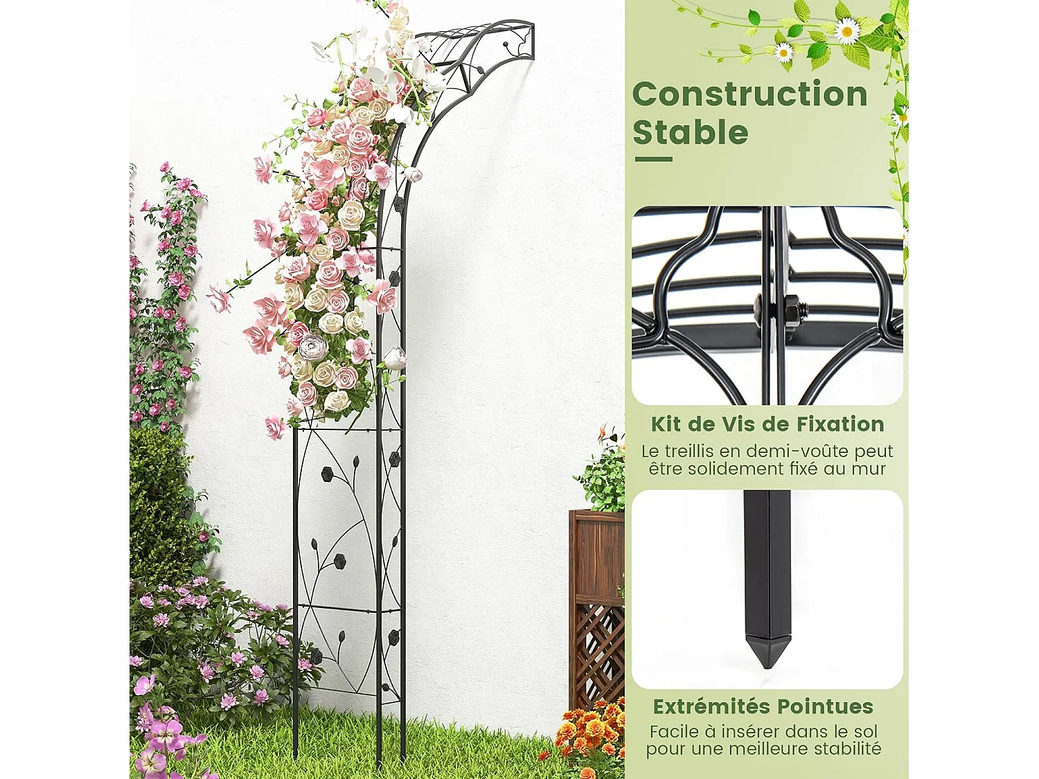 Arche de Jardin en Métal pour Plantes Grimpantes, Treillis de Jardin en 2 Demi-arcs Extérieur 150x39x250CM, Arche Décorative pour Mariage Fête et Cérémonie