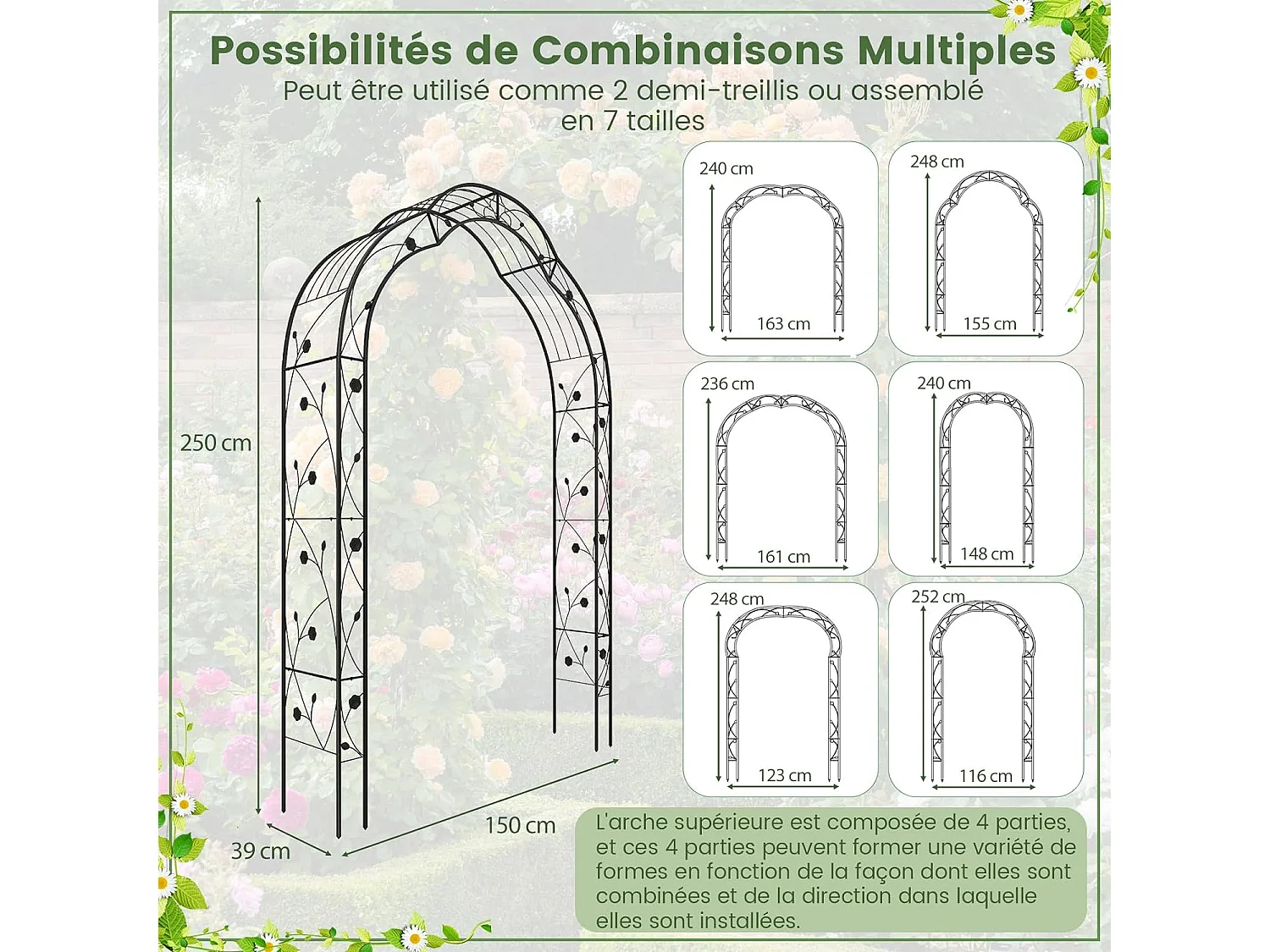 Arche de Jardin en Métal pour Plantes Grimpantes, Treillis de Jardin en 2 Demi-arcs Extérieur 150x39x250CM, Arche Décorative pour Mariage Fête et Cérémonie
