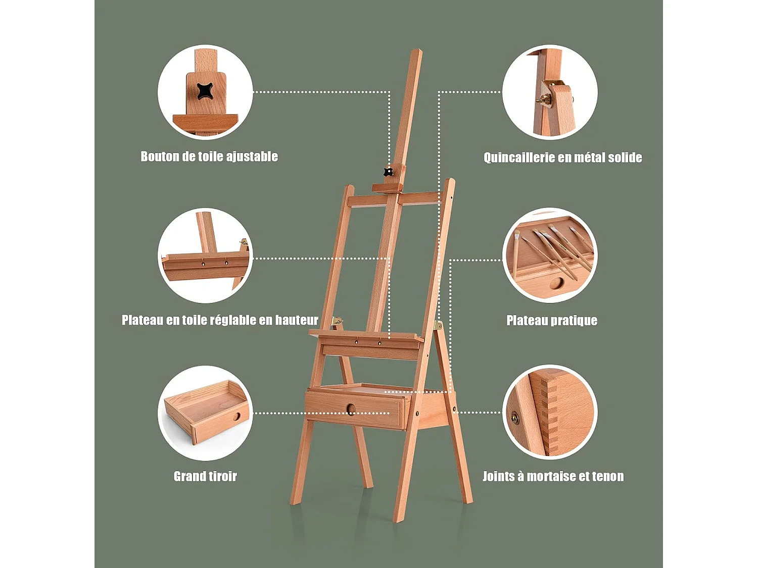 Chevalet de Peintre sur Pied en Bois Hêtre Hauteur 2M avec Tiroir et Plateau Support de Toile Réglable à 92cm pour Affichage