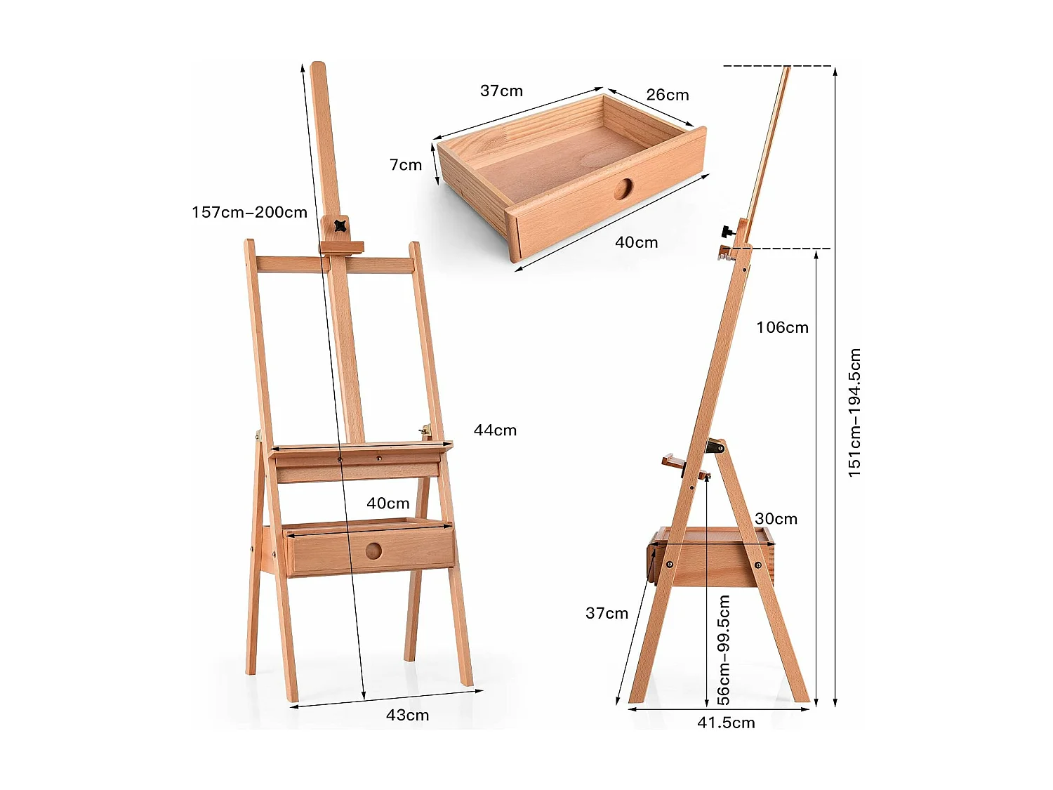Chevalet de Peintre sur Pied en Bois Hêtre Hauteur 2M avec Tiroir et Plateau Support de Toile Réglable à 92cm pour Affichage