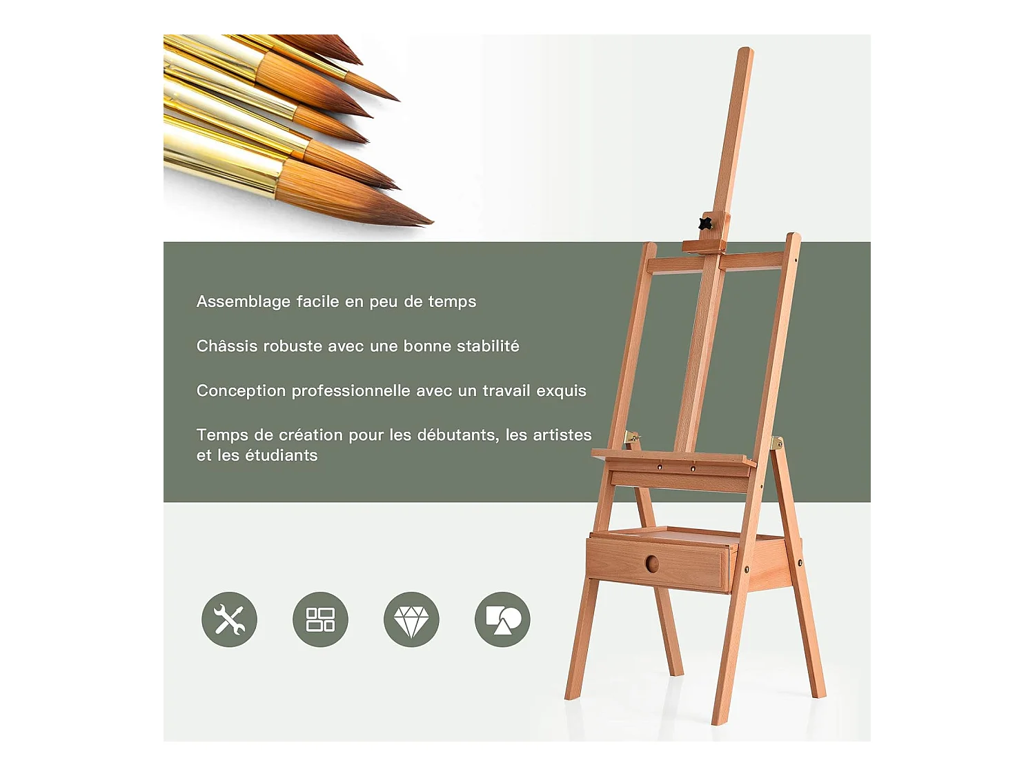 Chevalet de Peintre sur Pied en Bois Hêtre Hauteur 2M avec Tiroir et Plateau Support de Toile Réglable à 92cm pour Affichage