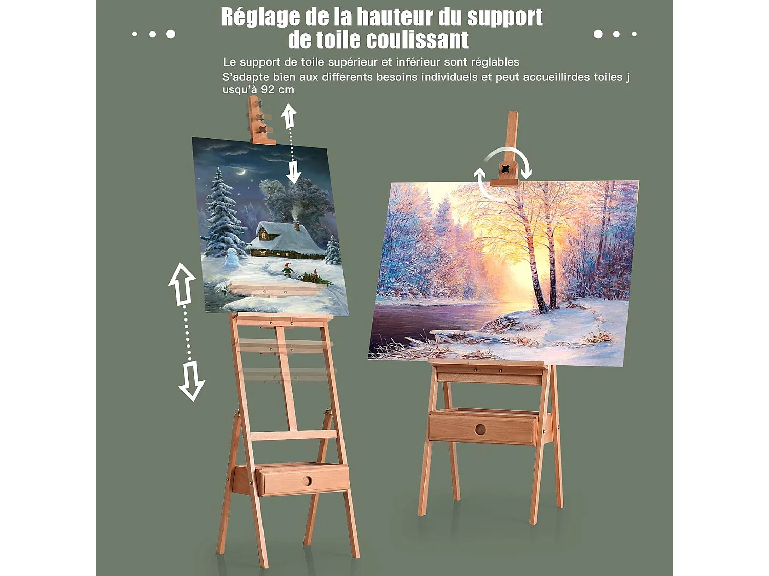 Chevalet de Peintre sur Pied en Bois Hêtre Hauteur 2M avec Tiroir et Plateau Support de Toile Réglable à 92cm pour Affichage