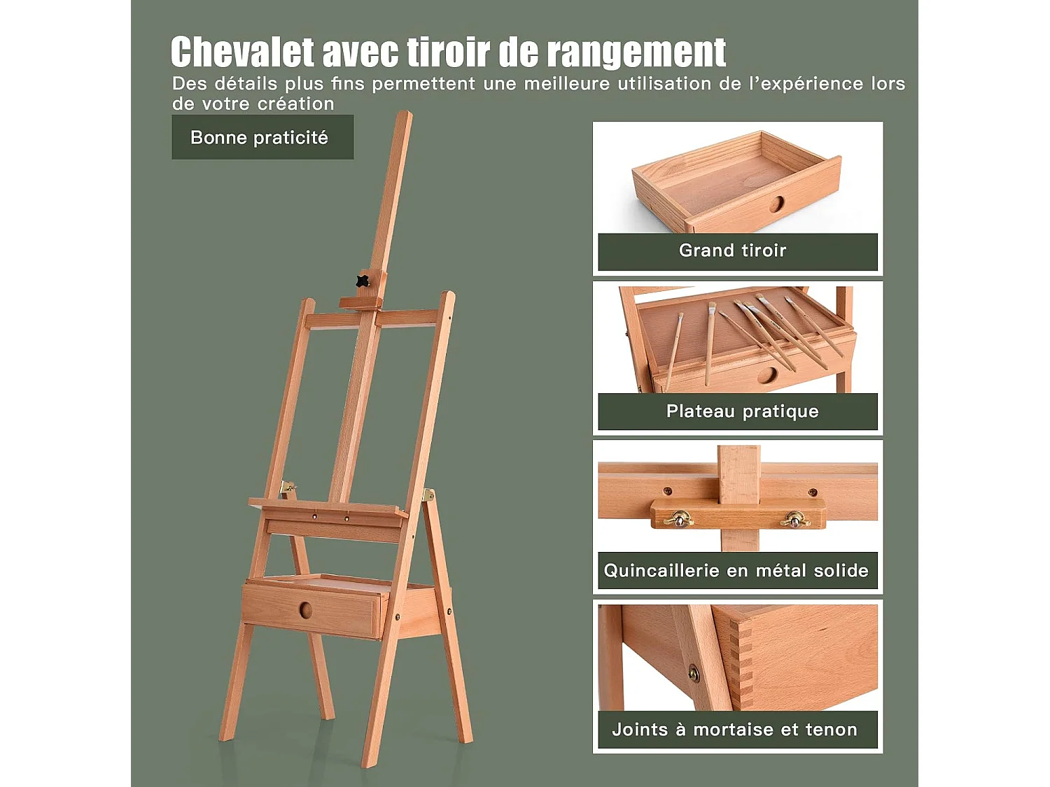 Chevalet de Peintre sur Pied en Bois Hêtre Hauteur 2M avec Tiroir et Plateau Support de Toile Réglable à 92cm pour Affichage