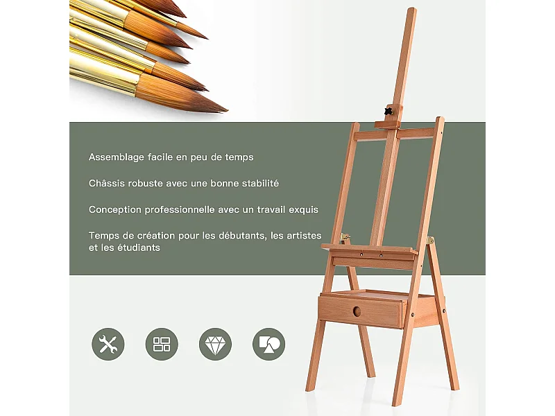 Chevalet de Peintre sur Pied en Bois Hêtre Hauteur 2M avec Tiroir et Plateau Support de Toile Réglable à 92cm pour Affichage