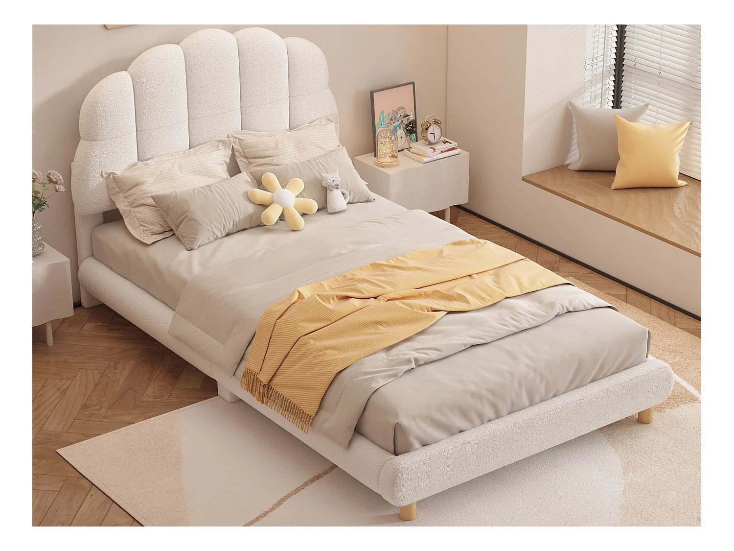 Cama acolchada de 90 x 200 cm, cuna de peluche, bonito cabecero, somier de láminas, color blanco