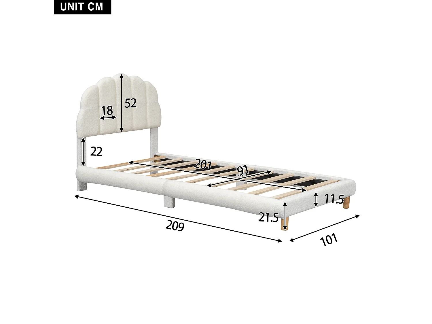 Cama acolchada de 90 x 200 cm, cuna de peluche, bonito cabecero, somier de láminas, color blanco