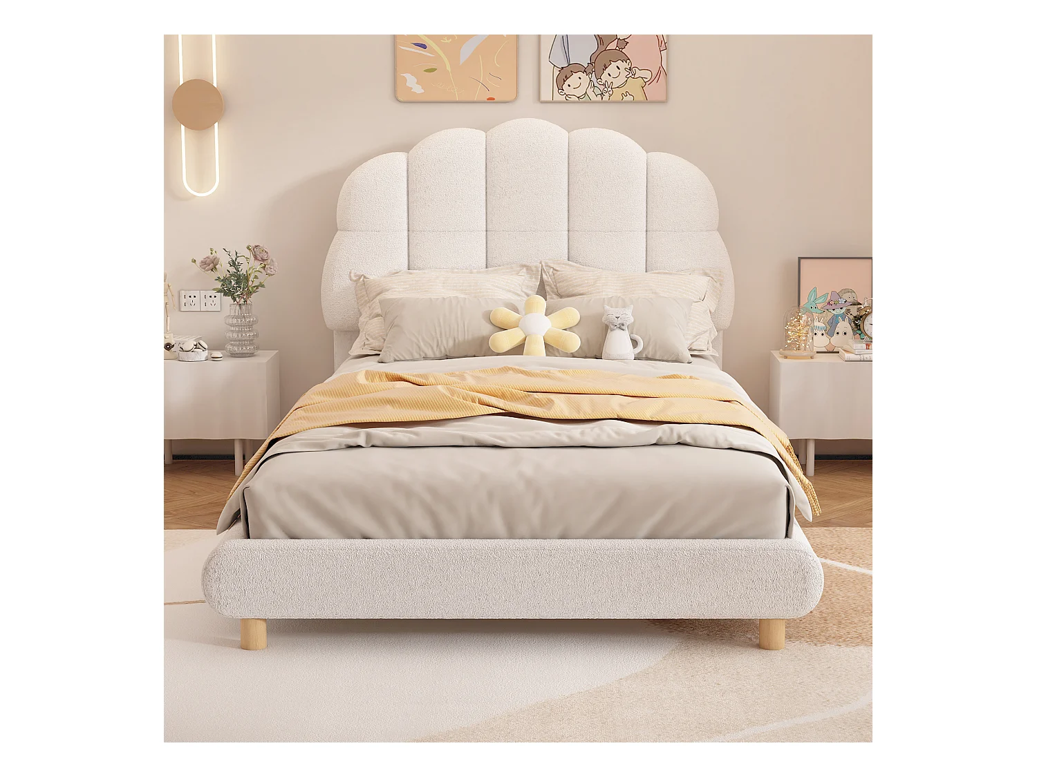 Lit capitonné 90 x 200 cm, lit bébé en peluche, jolie tête de lit, sommier à lattes, blanc