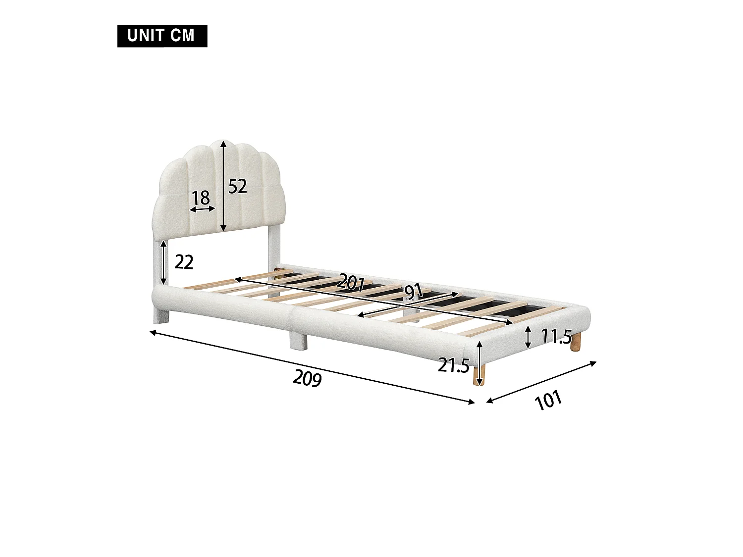 Lit capitonné 90 x 200 cm, lit bébé en peluche, jolie tête de lit, sommier à lattes, blanc