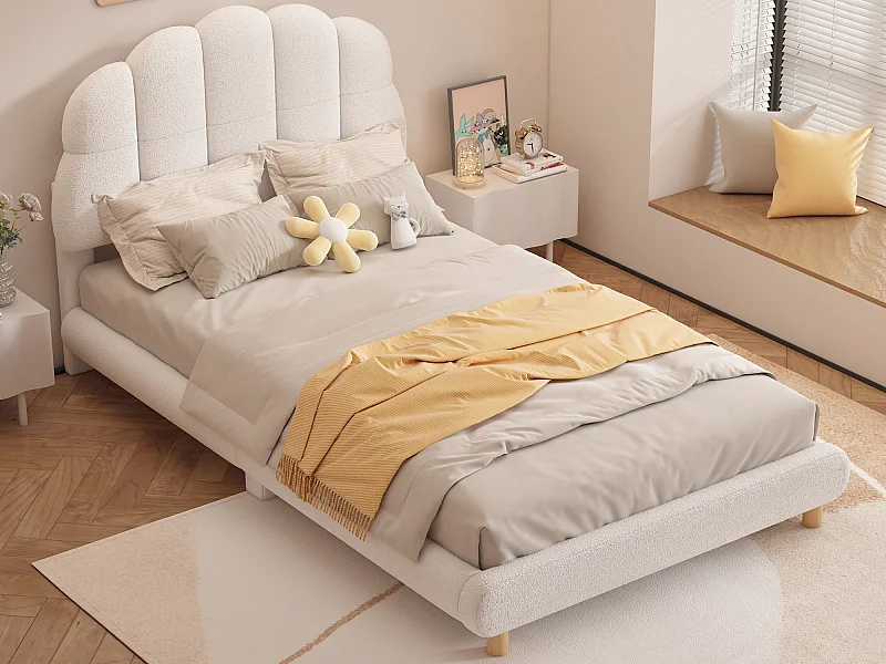 Cama acolchada de 90 x 200 cm, cuna de peluche, bonito cabecero, somier de láminas, color blanco