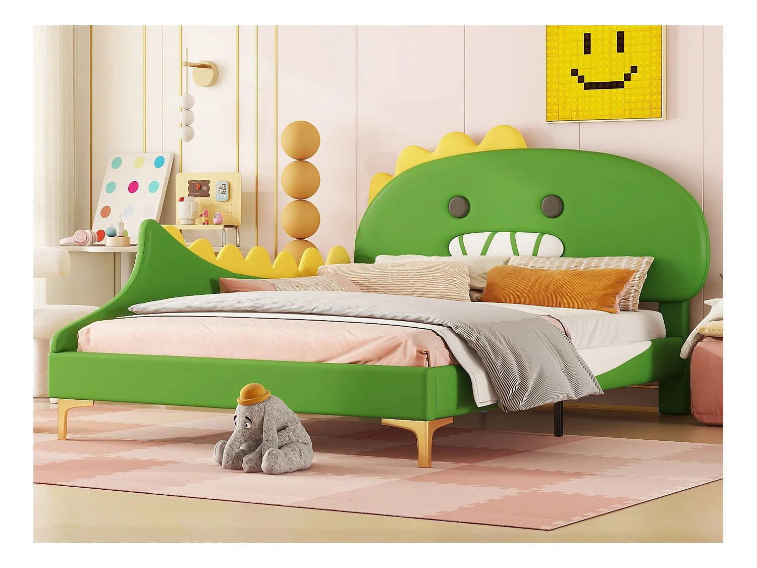 Lit capitonné 140 x 200 cm avec tête de lit en forme de dinosaure, Cuir PU, Sommier à lattes, Vert