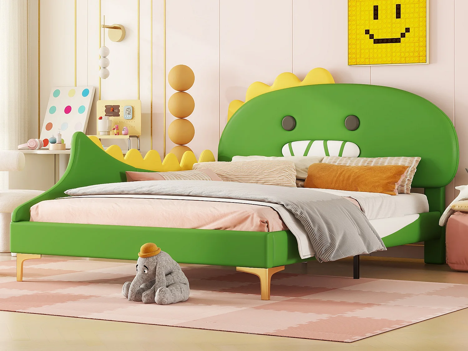 Lit capitonné 140 x 200 cm avec tête de lit en forme de dinosaure, Cuir PU, Sommier à lattes, Vert