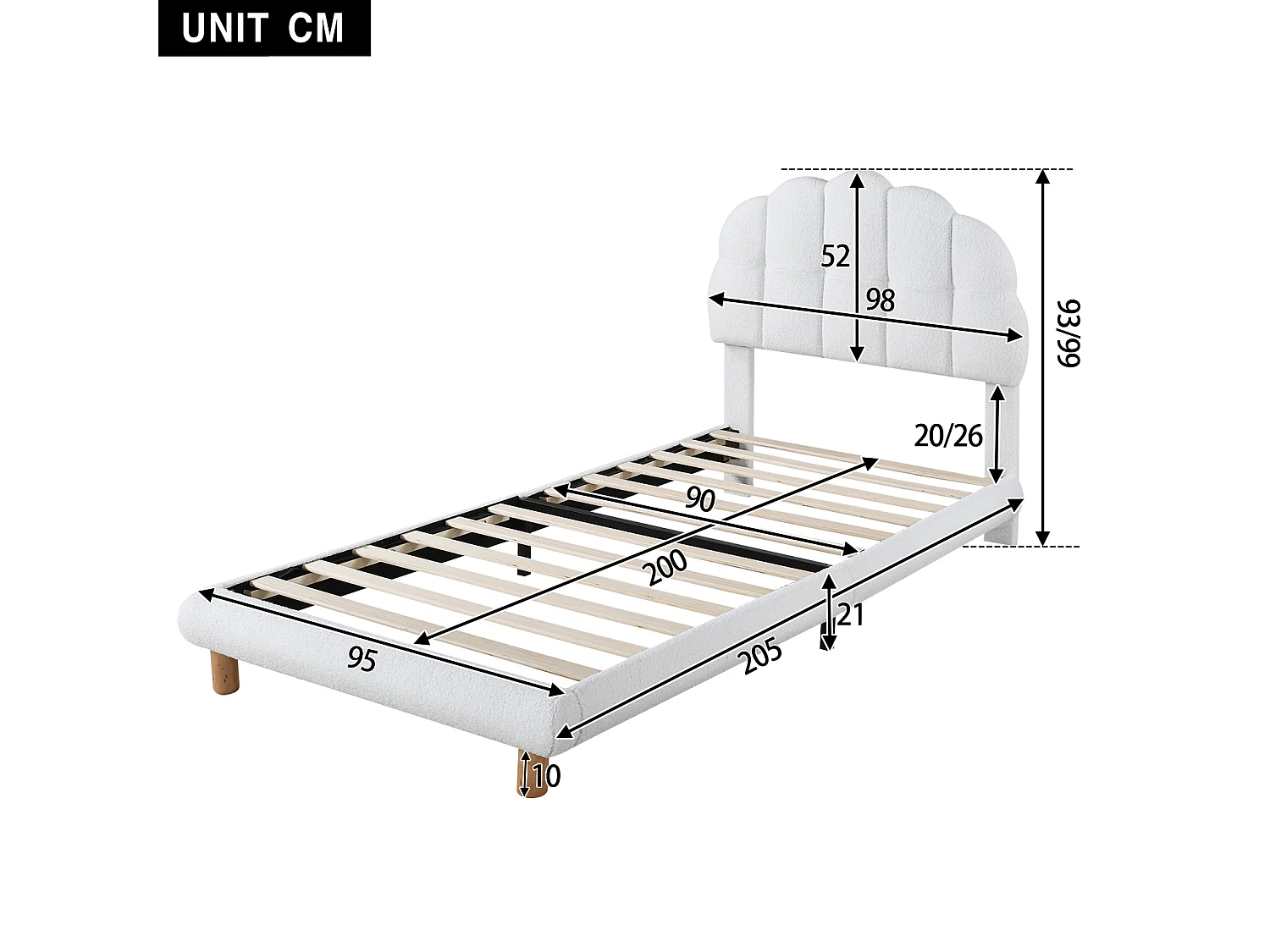 Lit simple 90 x 200 cm avec tête de lit en motif carré, Sommier à lattes en bois, Velours, Blanc