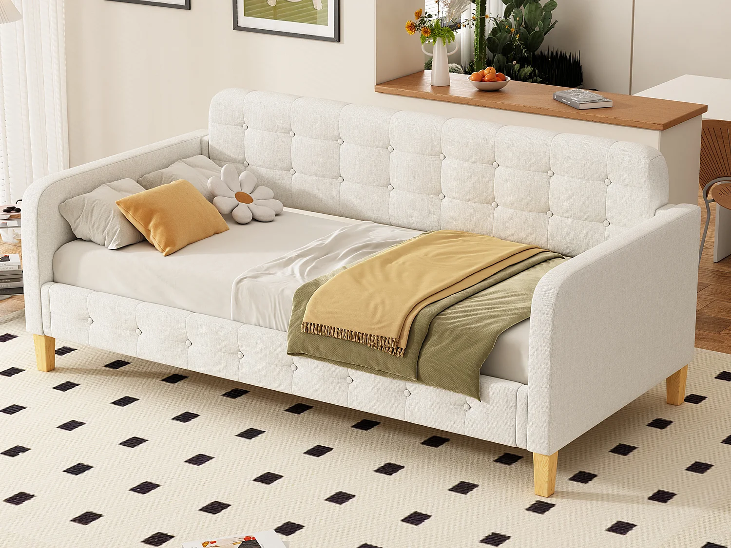 Gestoffeerd bed 90 x 200 cm, daybed met hoofdeinde - Knoopspijkerdecor - Linnen stof - Wit