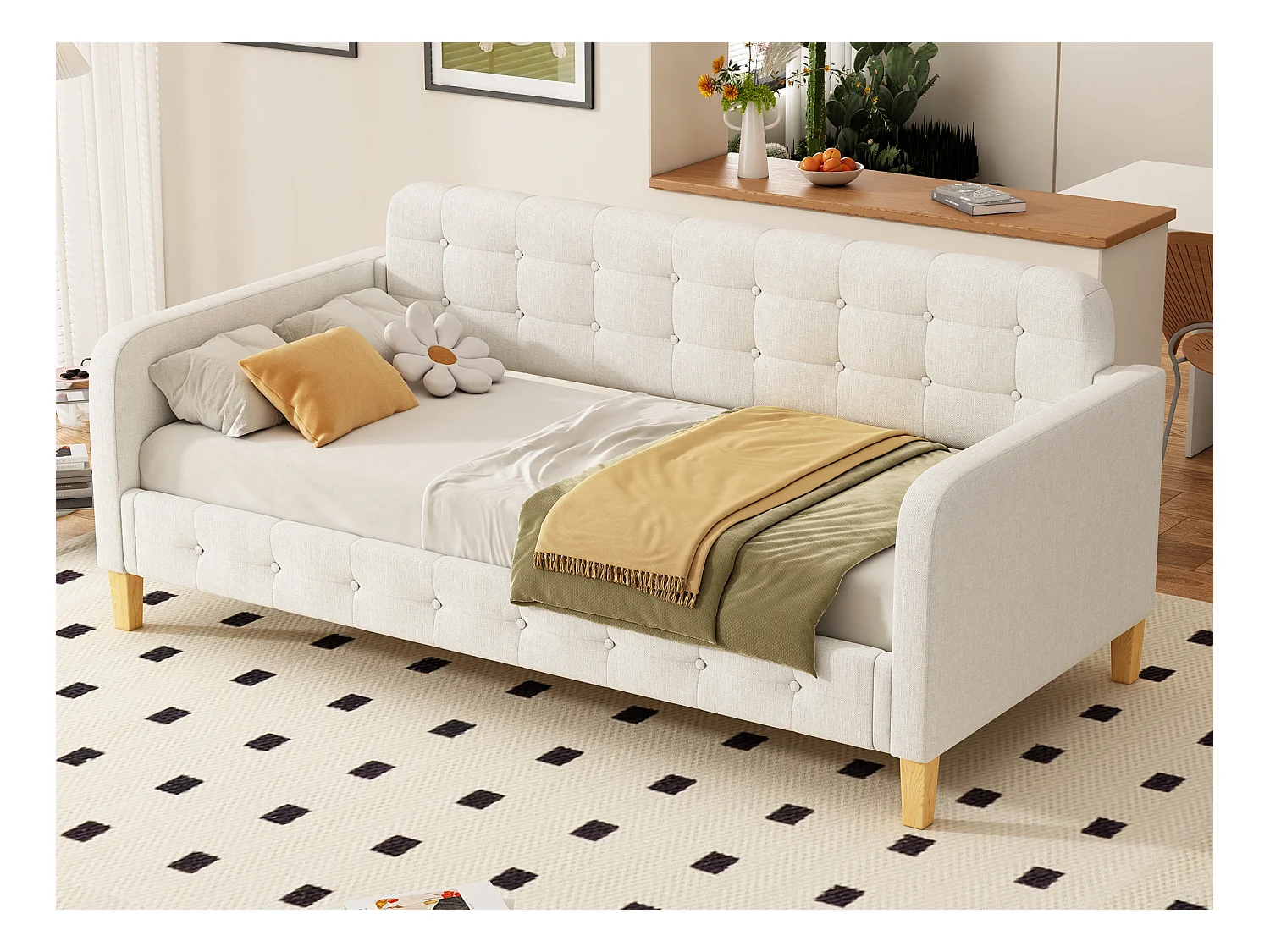 Lit capitonné 90 x 200 cm, lit de repos avec tête de lit - Décor d'ongles de boutons - Tissu lin - Blanc