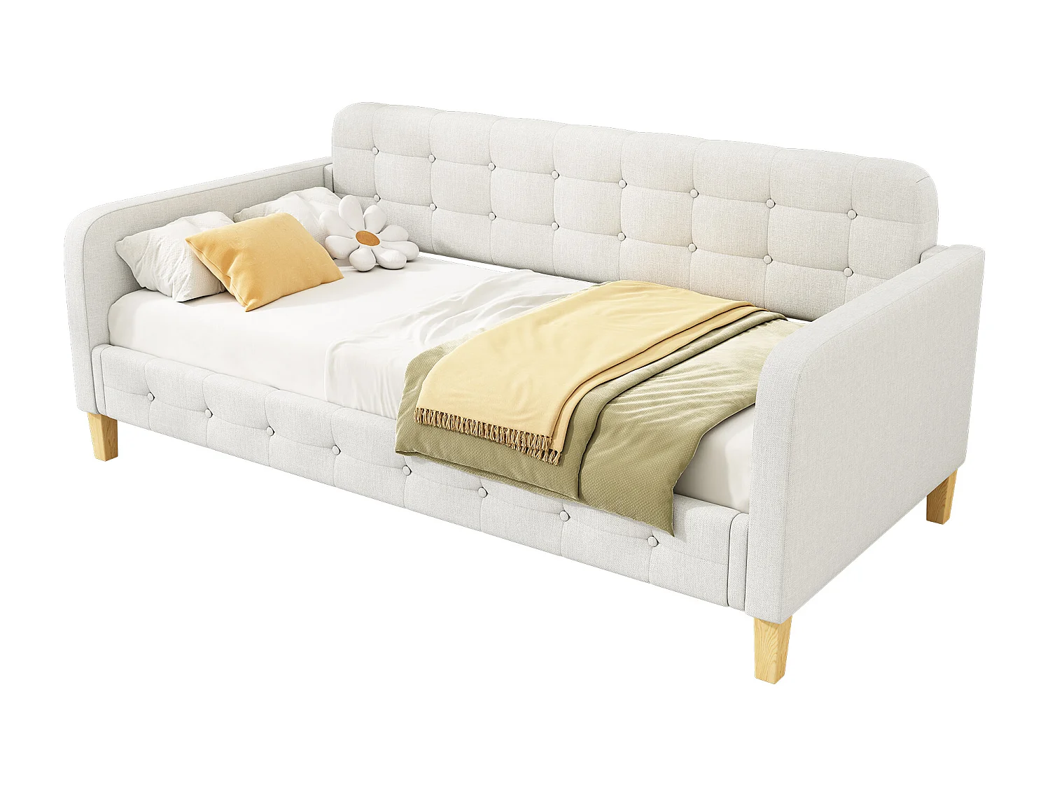 Lit capitonné 90 x 200 cm, lit de repos avec tête de lit - Décor d'ongles de boutons - Tissu lin - Blanc