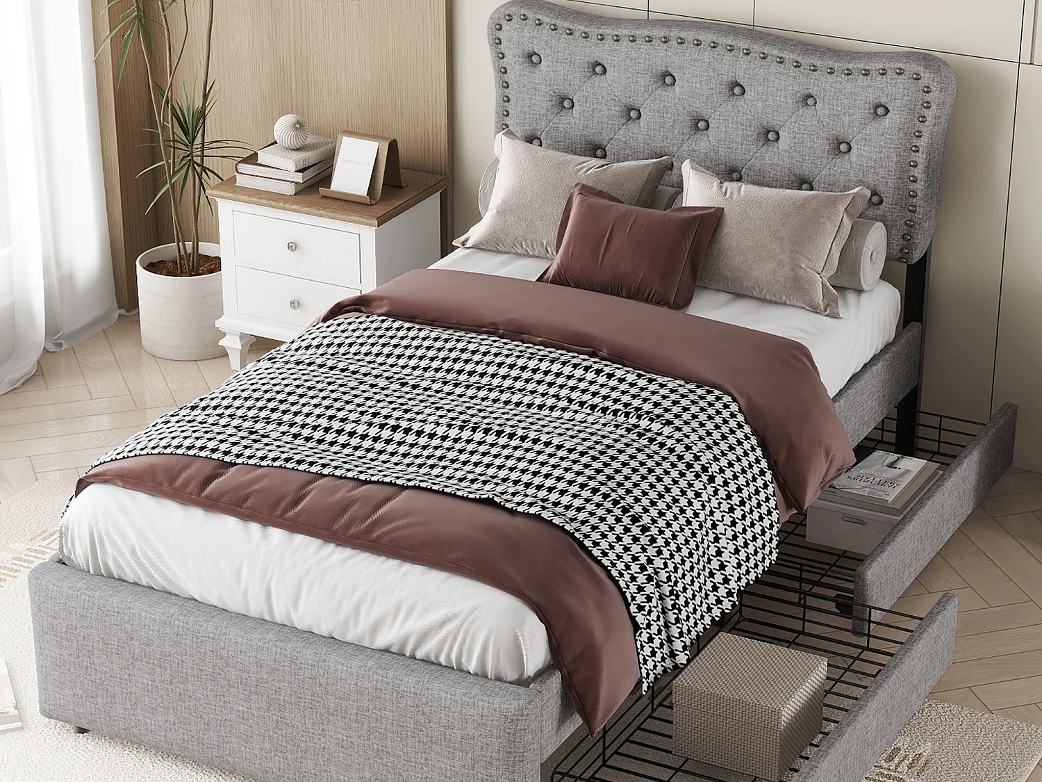 Lit capitonné 90 x 200 cm avec 2 tiroirs, Revêtement lin avec rivets décoratifs, Gris