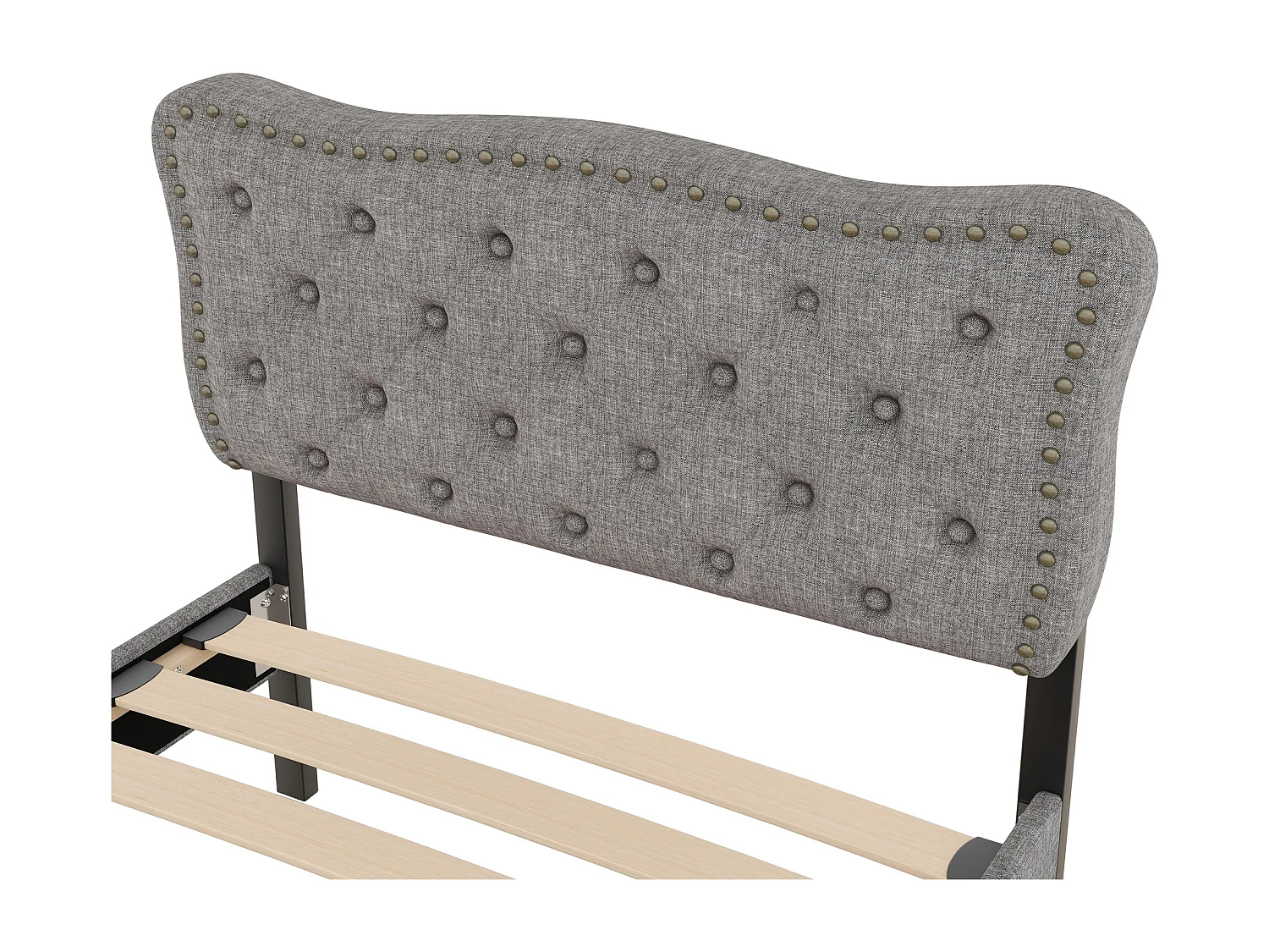 Lit capitonné 90 x 200 cm avec 2 tiroirs, Revêtement lin avec rivets décoratifs, Gris